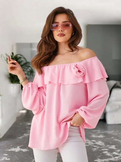 Royalfashion дамска блуза без рамене с ръбове и цветя