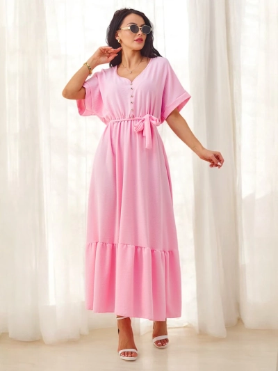 Royalfashion Дамска миди рокля с къс ръкав и декоративни копчета