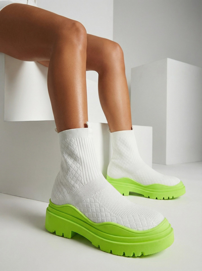 Biało-zielone botki damskie na płaskim obcasie Seritis - Obuwie