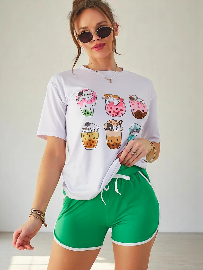 Royalfashion Женски спортен комплект с тениска и шорти Kitty Cat