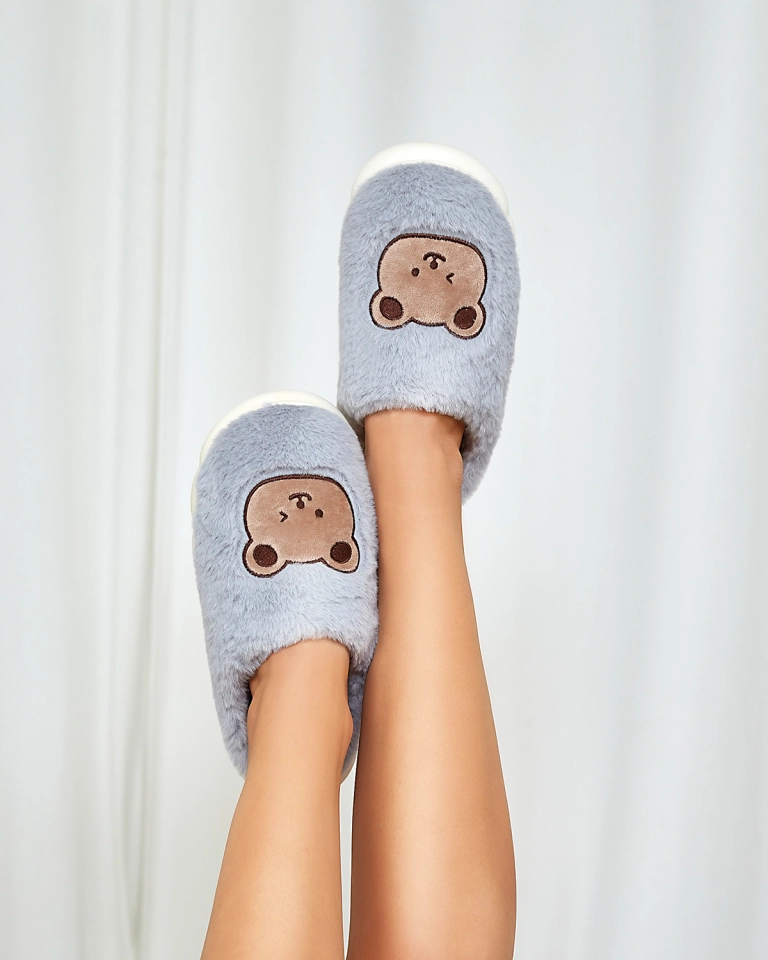 Royalfashion Сини дамски чехли от естествена кожа с плюшено мече Hettres