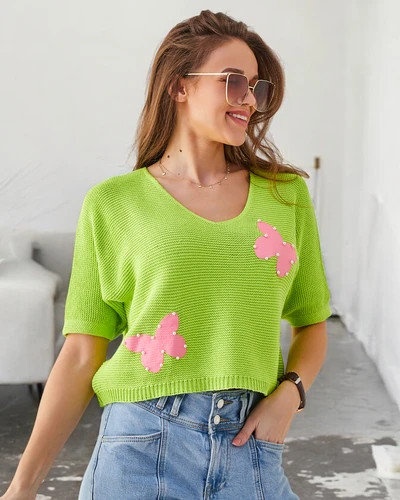 Royalfashion Женски памучен къс пуловер с пеперуди