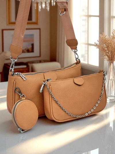 Дамска чанта Aurora Multi от еко кожа, светлокафява, верижка, цип