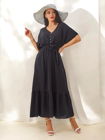 Royalfashion Женска миди рокля с къси ръкави и декоративни копчета