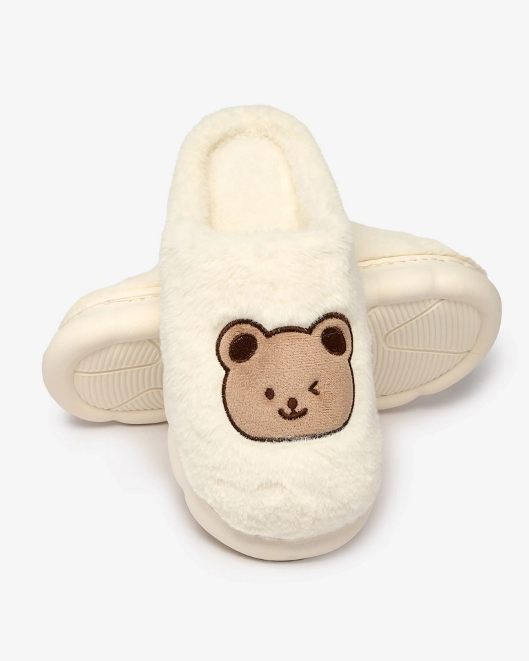 Royalfashion Бели дамски чехли от естествена кожа с плюшено мече Hettres