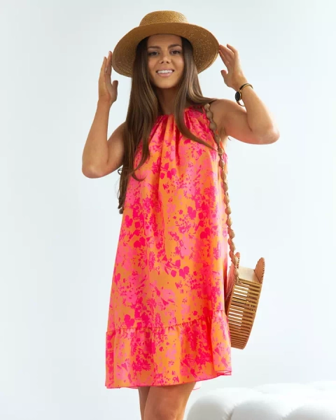 Royalfashion Оранжево-розова къса дамска рокля с цветя