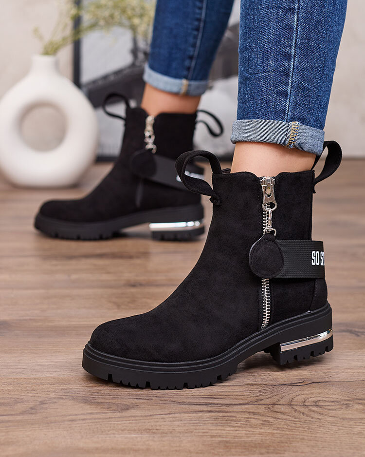 Royalfashion Черни ботуши от еко велур с каишка и ципове Redmisala