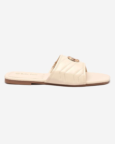 Beżowe damskie eko-skórzane klapki ze złotą ozdobą Daliso - Obuwie