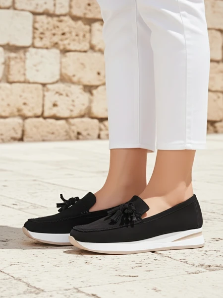 Дамски мокасини Aelia черни от екологичен велур с 4 см ток