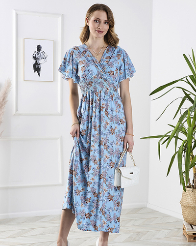 Синя дамска дълга рокля на цветя - Облекло