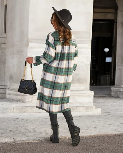 Zielona długa koszula damska w kratę - Odzież