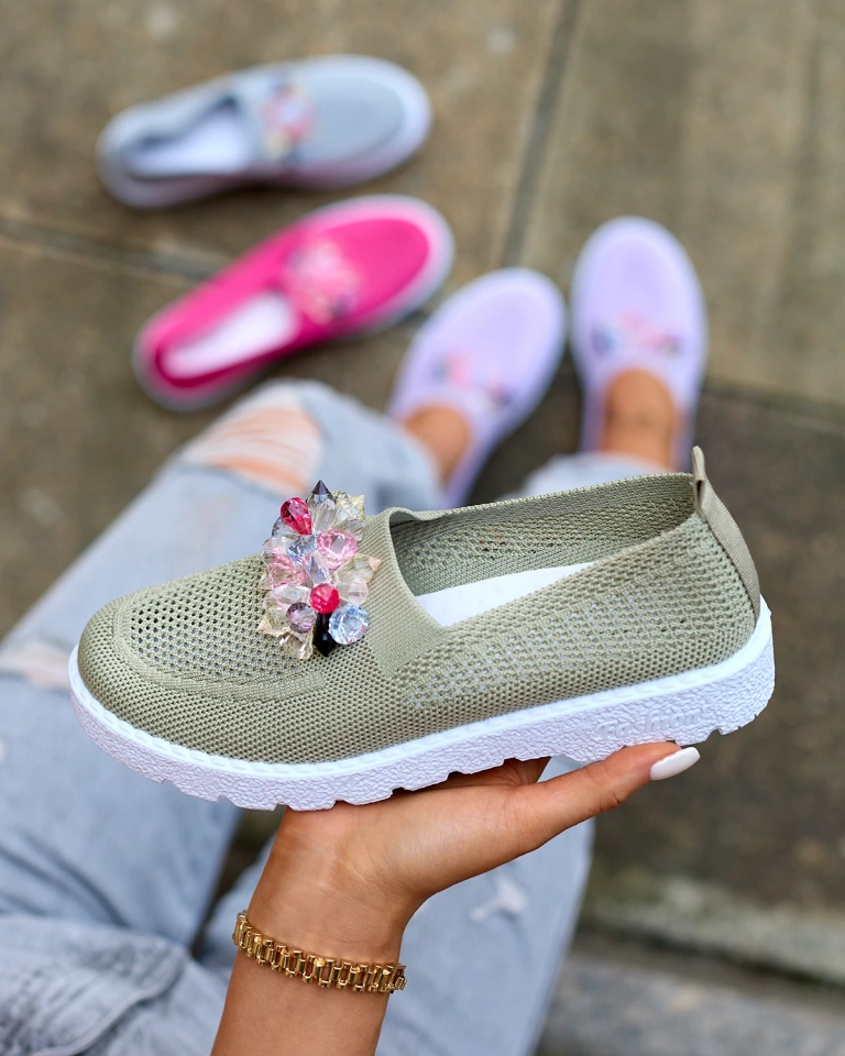 Royalfashion Дамски мокасини от плат в цвят каки с кристали Fezens