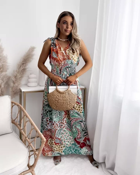 Шарена дамска миди рокля в зелено и оранжево Облекло