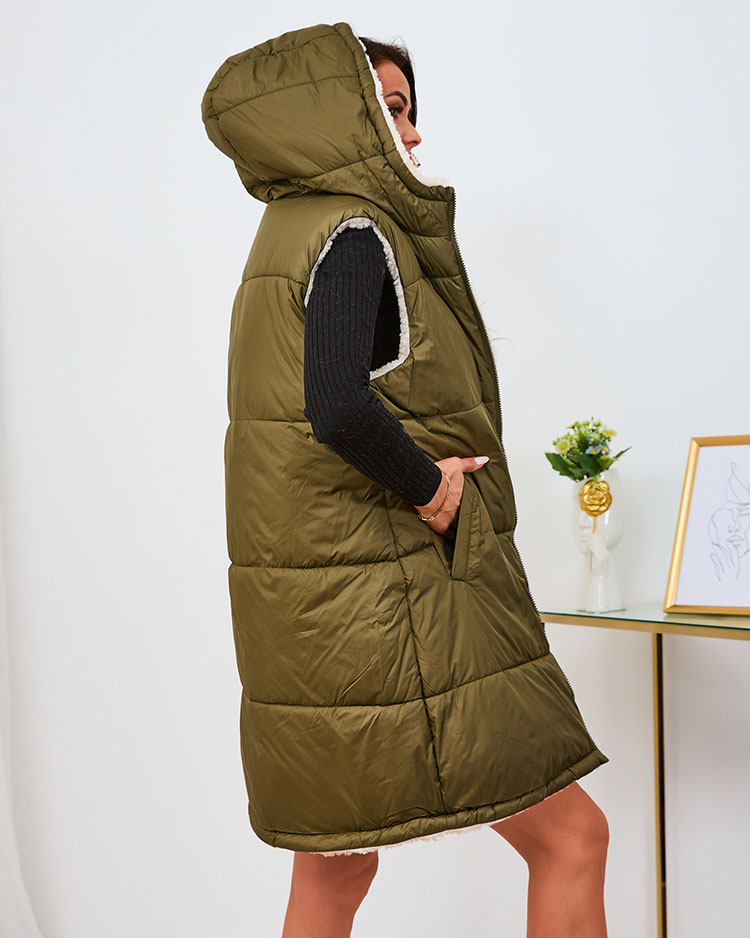 Royalfashion Зелена и кремава дълга двустранна дамска жилетка