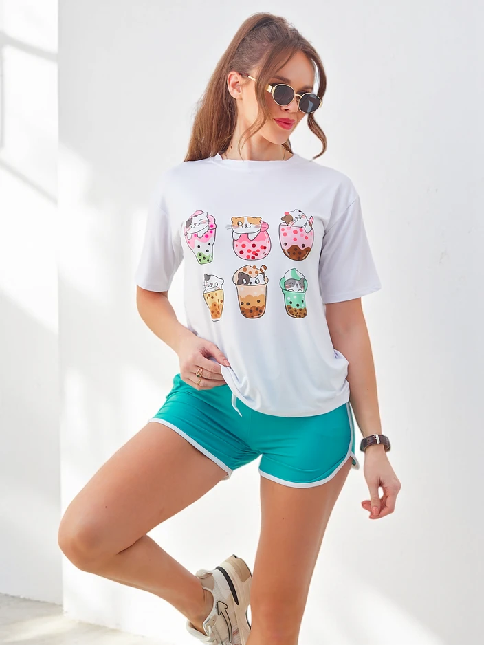 Royalfashion Женски спортен комплект с тениска и къси панталони Kitty Cat