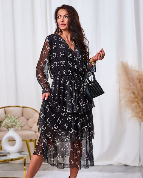 Royalfashion Черна мрежеста миди рокля с принт