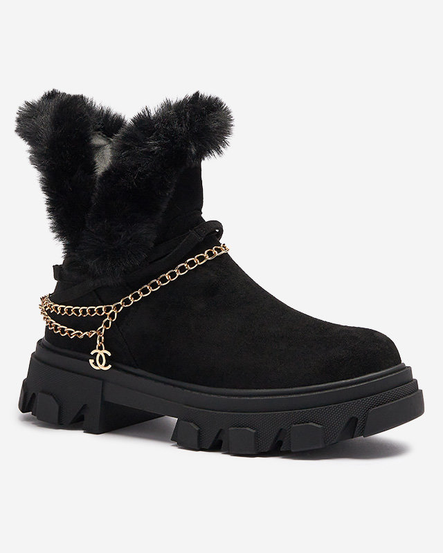 Черни дамски ботуши от еко велур с верижка Videric - Обувки