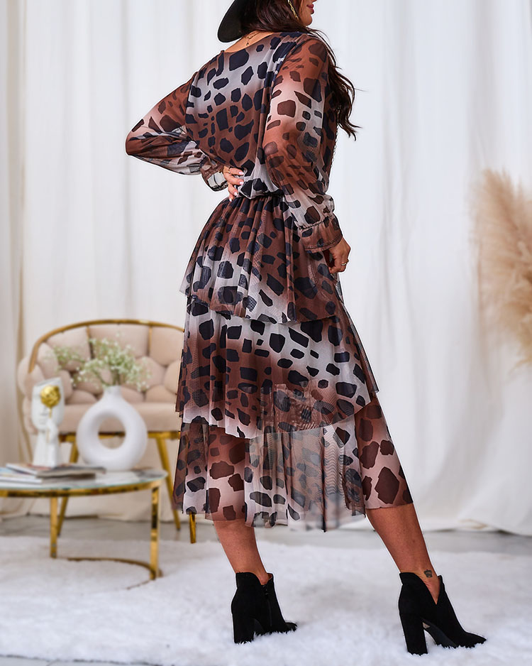 Royalfashion Черно-кафява мрежеста миди рокля с принт