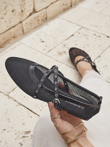 Балеринки Royalfashion Arethusa Nero от мрежа на плосък ток