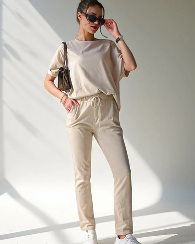 Royalfashion Женски памучен комплект с къс ръкав и прави панталони