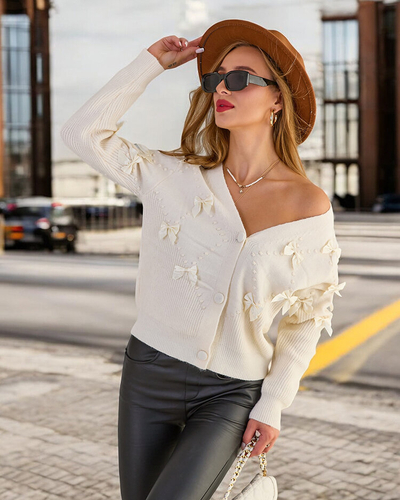 Royalfashion Разкопчан дамски пуловер с панделки