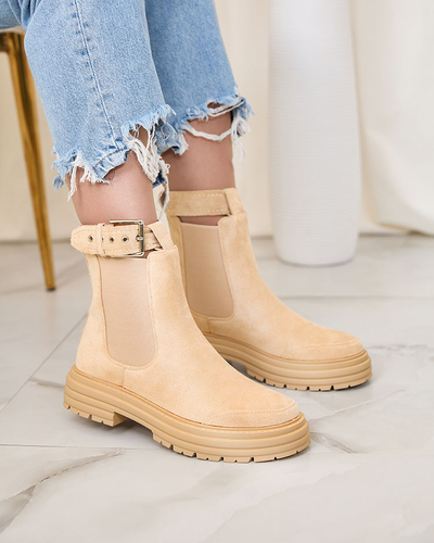Royalfashion Бежови дамски ботуши с декоративна каишка Loffdo