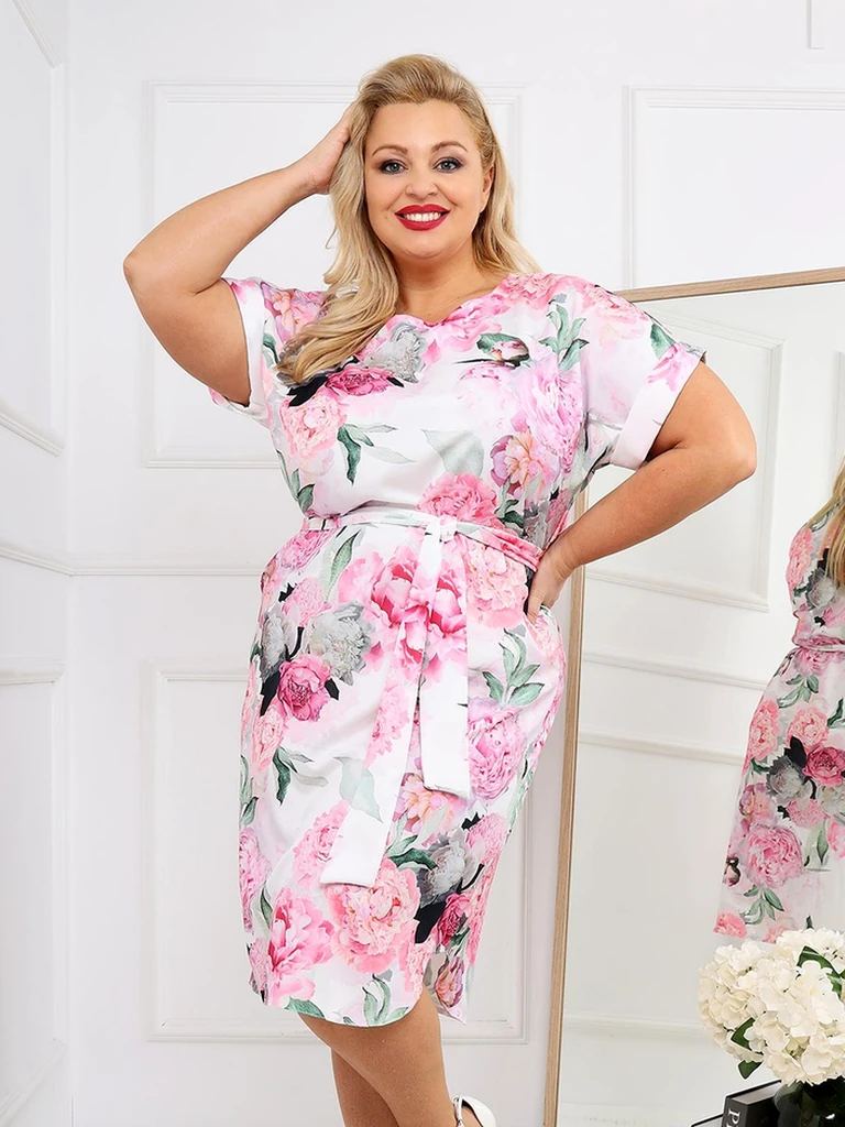 Royalfashion Женска рокля до коляното с къси ръкави и розова връзка