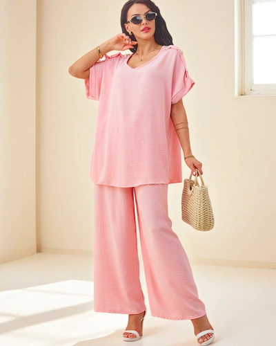Royalfashion Дамски памучен комплект с къси ръкави и широки панталони
