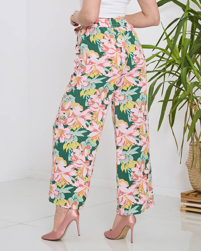 Зелени дамски панталони палацо с розови цветя - Облекло