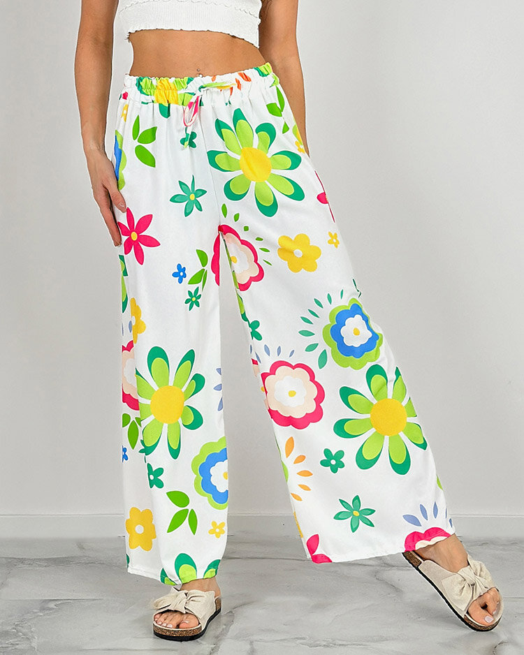 Royalfashion Дамски широки панталони от плат с флорални мотиви