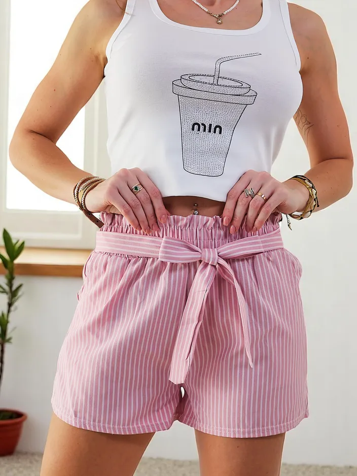 Къси панталони Royalfashion за жени с еластична лента и връзки на талията в райе