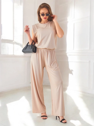 Royalfashion Женски комплект от рибена вискоза, без ръкави с разширени панталони