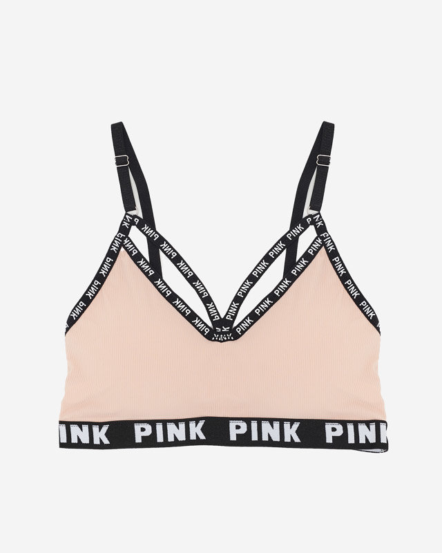 Różowy sportowy stanik damski z napisami - Bielizna