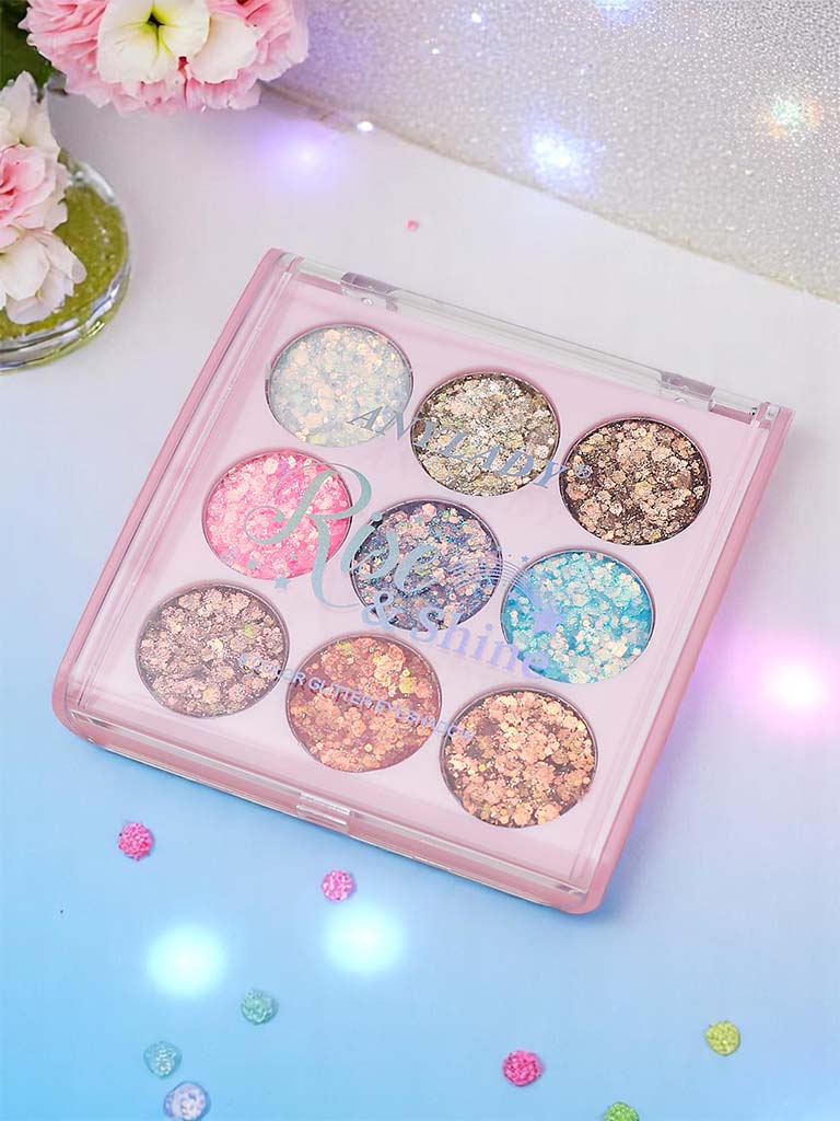 Палета от 9 бляскави сенки за очи. Бляскава сенка за очи.