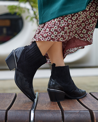 Черни еко велурени каубойски ботуши на ниска колба Zirras - Обувки