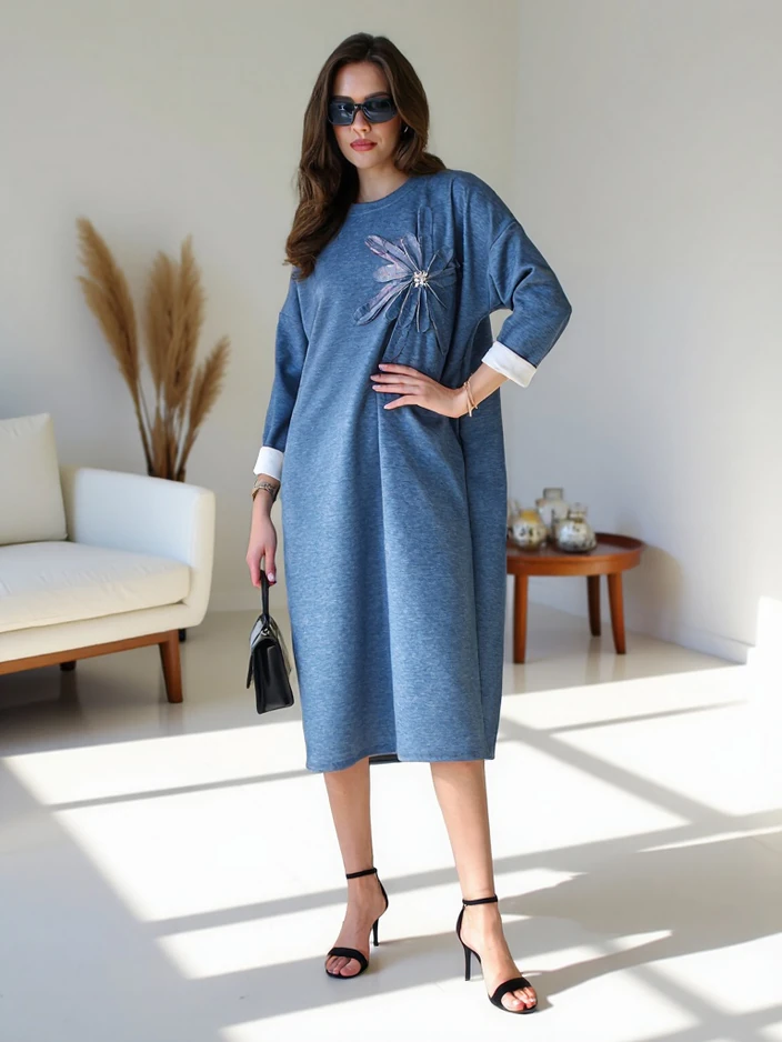 Royalfashion Женска миди рокля от плат, оувърсайз с цвете