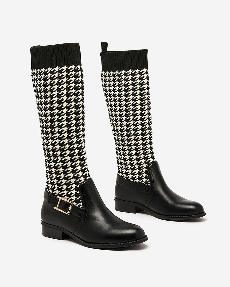 Royalfashion Черни дамски високи ботуши с пепитна шарка Aledive