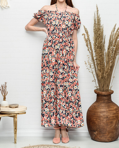 Długa letnia granatowa sukienka damska w koralowe kwiaty- Odzież
