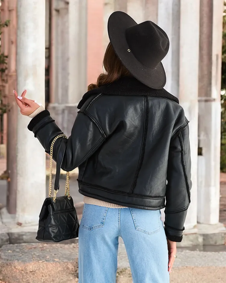 Royalfashion Дамско еко кожено яке с косъм в черен цвят