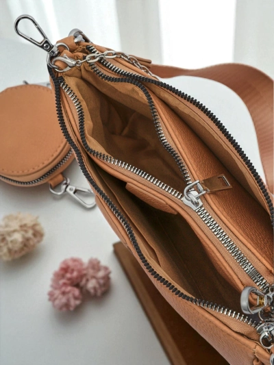 Дамска чанта Aurora Multi от еко кожа, светлокафява, верижка, цип