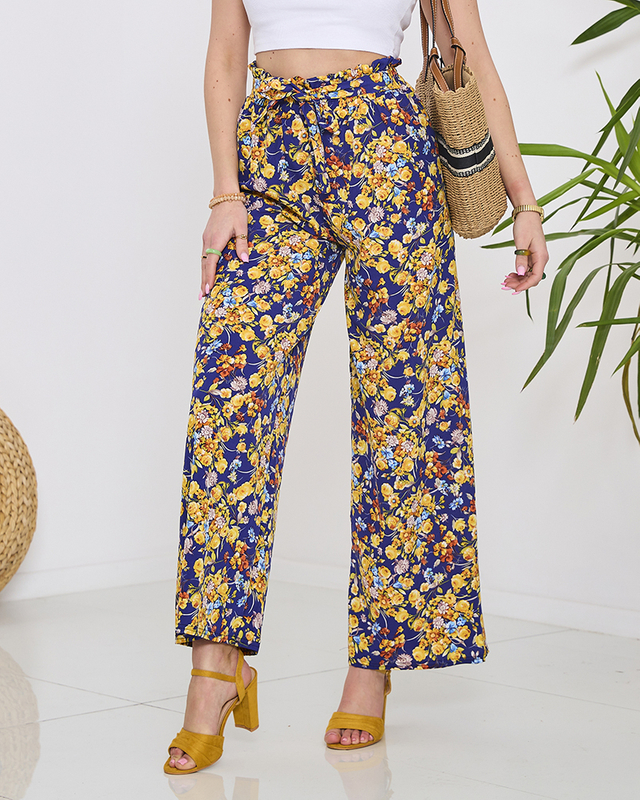 Дамски сини панталони палацо с тъмносини цветя - Облекло