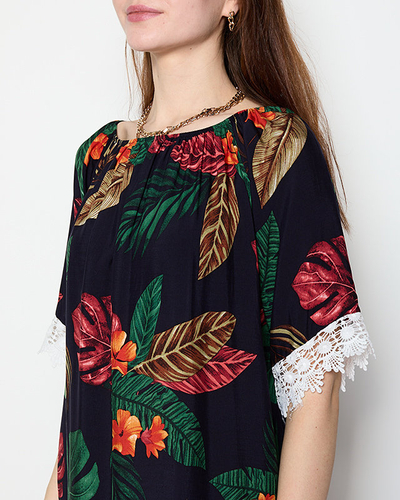 Granatowa tunika damska w kwiatki - Odzież