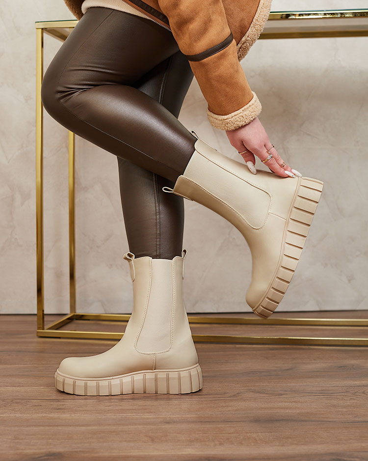 Royalfashion Дамски ботуши с висок плосък ток в екрю Elicane