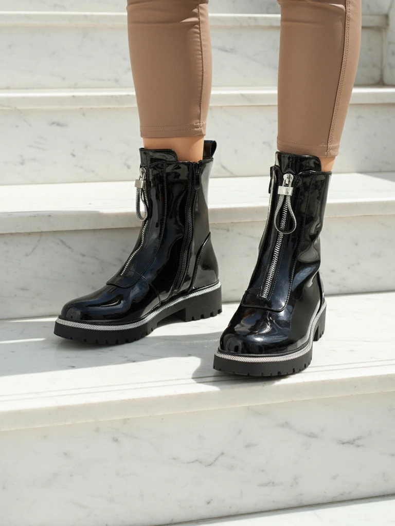 Лакирани еко кожени дамски боти с цирконии Nuvina