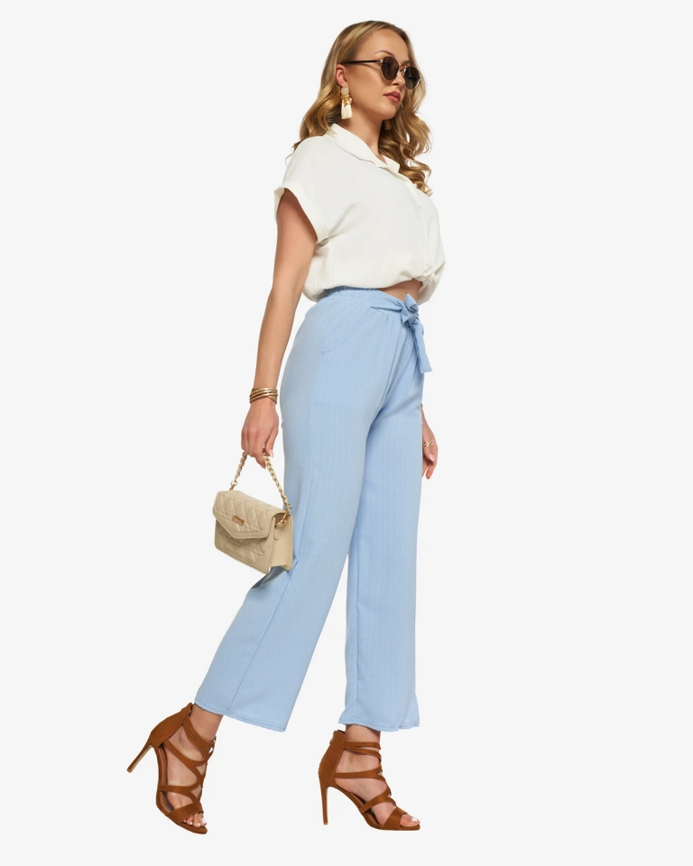 Сини дамски широки панталони от плат - Облекло