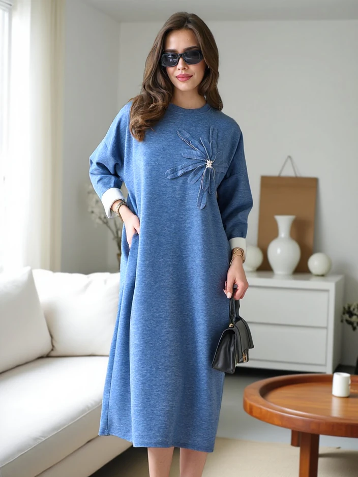 Royalfashion Женска миди рокля от плат, оувърсайз с цвете