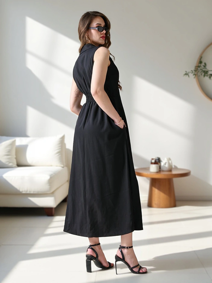 Дамска безръкавица рокля Royalfashion с обгръщаща яка Bizness