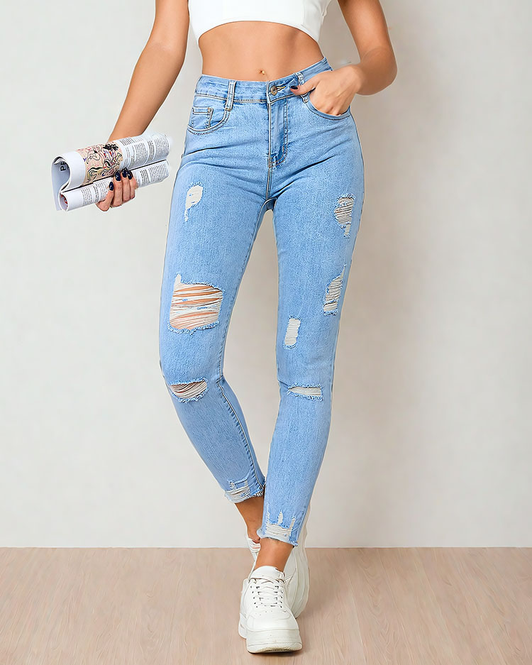 Royalfashion Дамски дънки тип "туба" с протриване