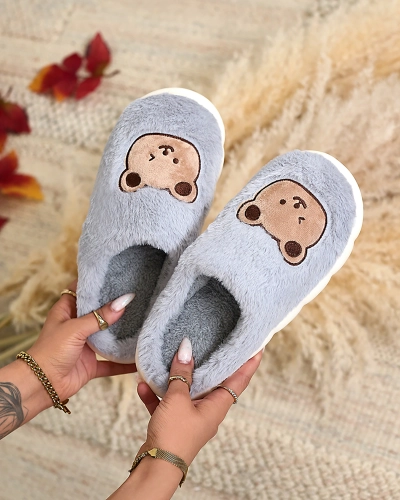 Royalfashion Сини дамски чехли от естествена кожа с плюшено мече Hettres