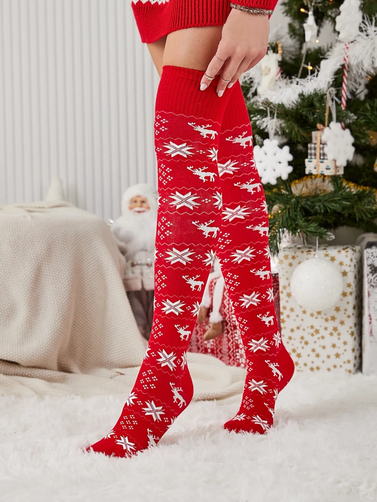 Royalfashion Дамски коледни чорапи над коляното в червено
